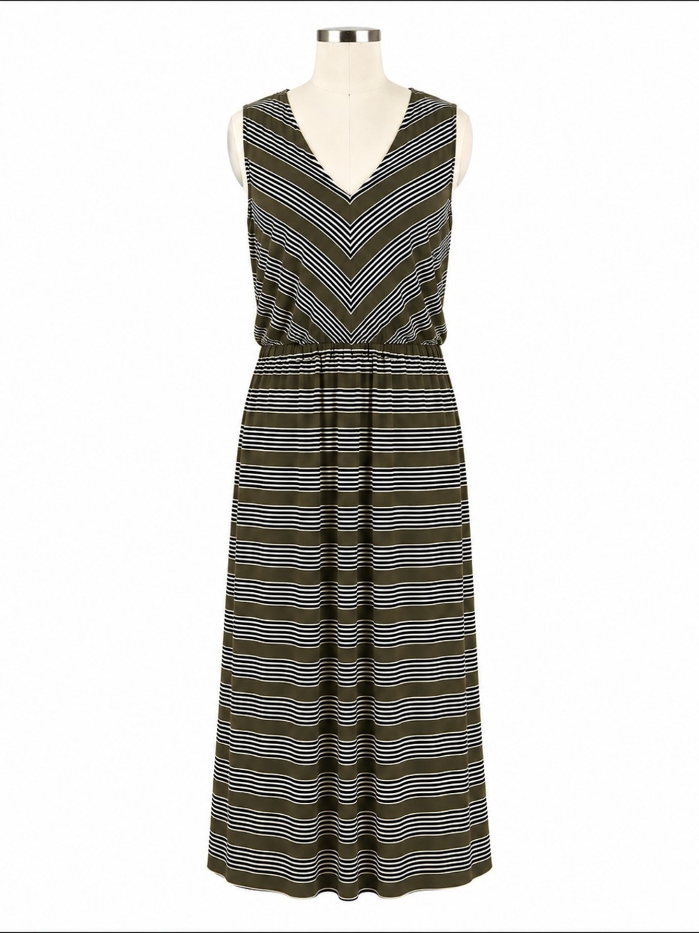 Lane Bryant Womens 26/28 Summer Olive Green Chevron Stripped Sleeveless Dress